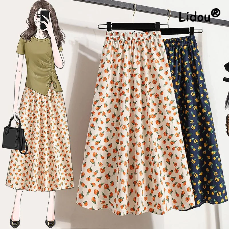 Elegant Printing Sagging Sensation Slim A-line Skirt Women High Classic Ruffles Casual Office All-match Lady Chiffon Skirt