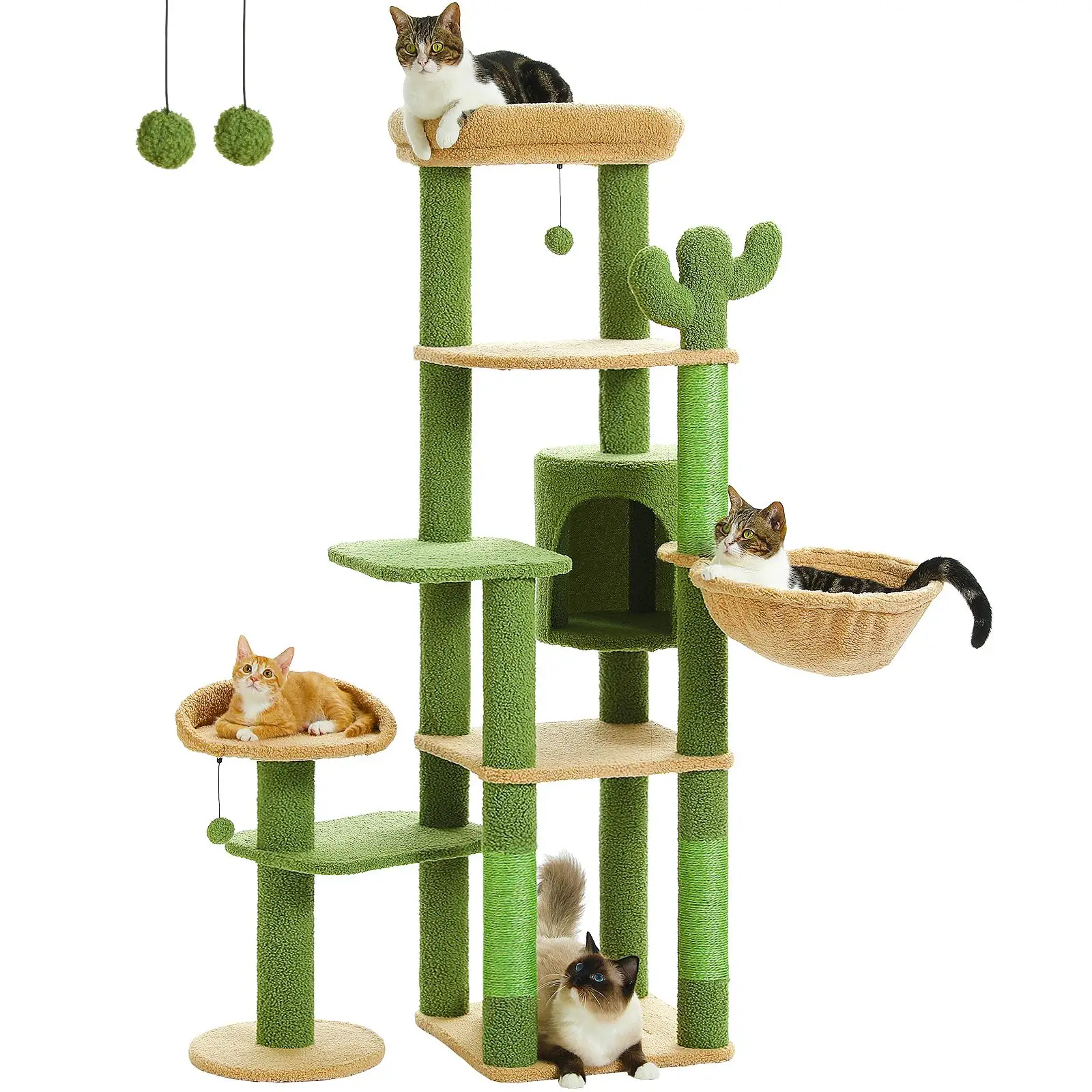 59 Multi-Level Cat Tree for large Cats - Tower with Hammock, Scratching , 3 Pompom Sticks & 2 Perches