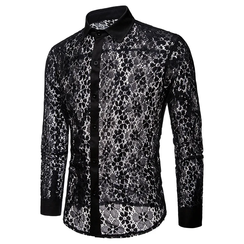 

Mens Sexy Black Lace Floral Dress Shirts See Through Fishnet Button Down Shirt Men Party Nightclub Prom Camisa Social Masculina