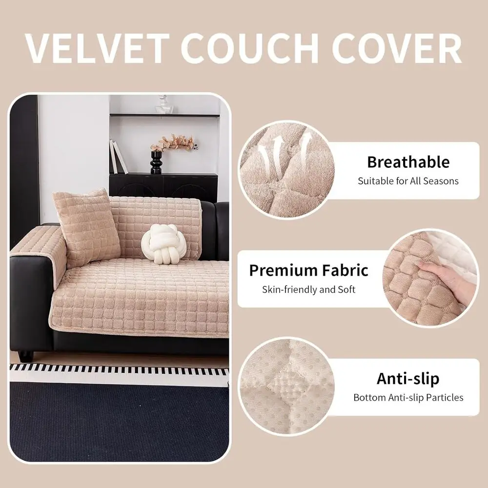 Washable Velvet Sectional Sofa Cover with Anti-Slip, 3-Cushion L-Shaped Armrest Protector for Pets and Kids (Khaki)