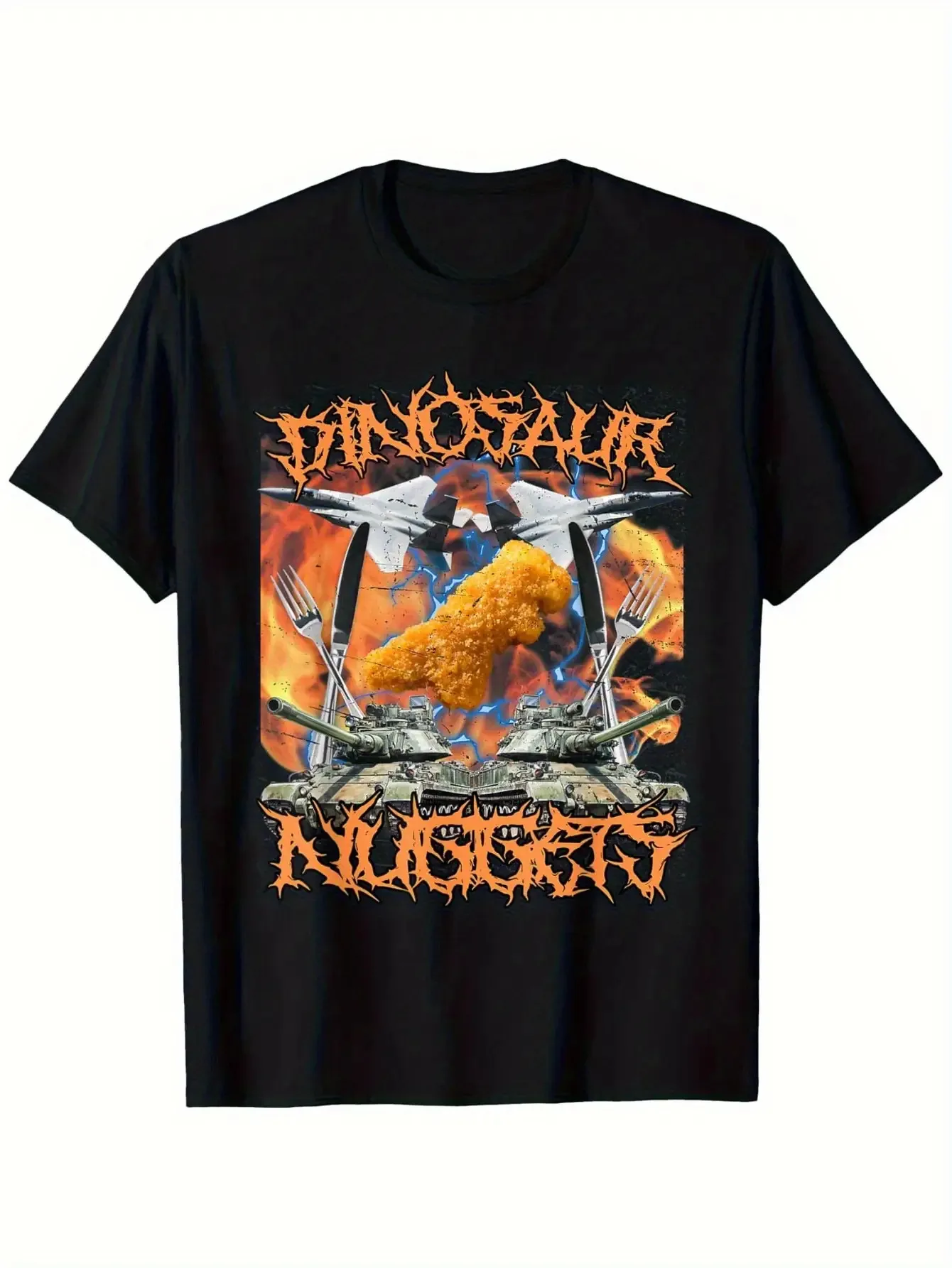 Fun Dinosaur Chicken Block Men's T-shirt with Burnt Skeleton Hand Pattern 