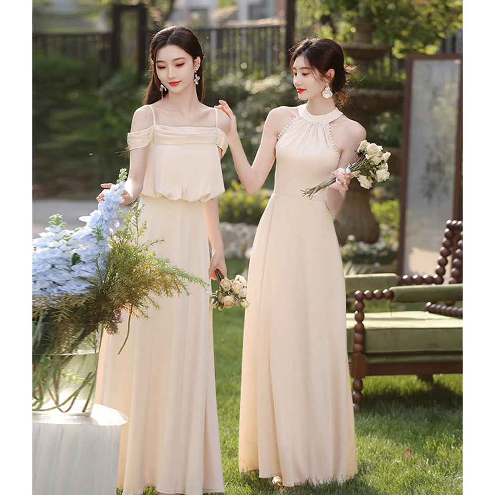 Elegant Satin 4 Styles Champagne Color Bridesmaid Dress Women Off The Shoulder Straps Ruffles Gown A-line Lace Up Vestido