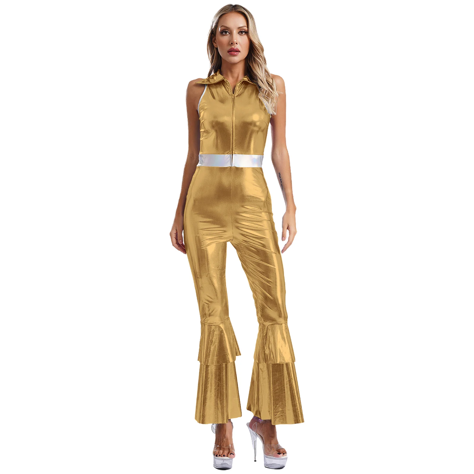 Women Shiny Metallic 70s Disco Jazz Singer Show Dance Jumpsuits Sleeveless High Waist Flared Bell-bottomed Pant Jumpsuit Costume