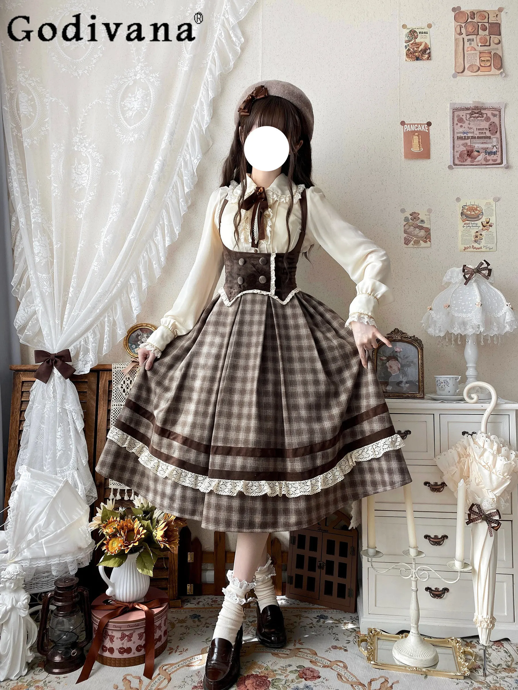 

Original Japanese Lolita Plaid Dress Jsk Spring and Summer New Women Elegant Retro Slim Sleeveless Long Dress Vestidos De Mujer