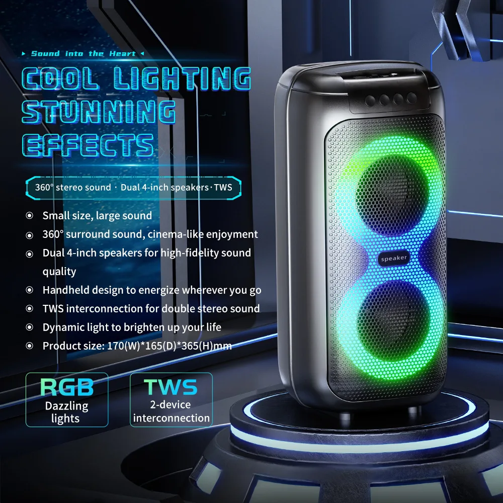 Dual 4-inch Sound Column Outdoor Dancing Karaoke Speaker Subwoofer with MIC FM Portable Caixa De Som Bluetooth Speaker RGB TWS