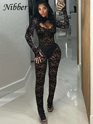 Nibber See Through 2 Piece Set Women Sexy  Hollow Jacquard Backless Bodysuit+Leggings Tight Activity Clubwear Skinny Outfits