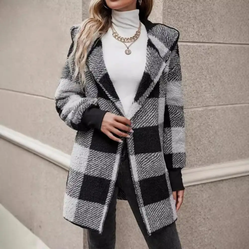 

Plaid Patterned Coat Plaid Print Velvet Winter Coat With Hood Elastic Cuffs For Women Stylish Contrast Color Overcoat To Keep