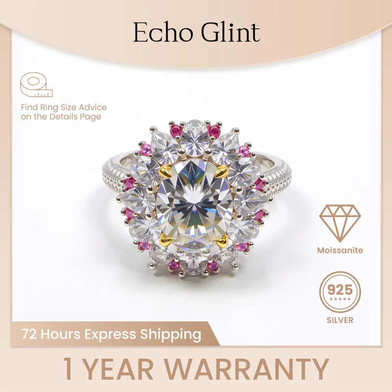 

﻿ Кольца Echo Glint 3CT с муассанитом, стерлинговое серебро 925 пробы, 8*10, роскошное кольцо с преувеличенной индивидуальностью и цветком, овальное кольцо с бриллиантом