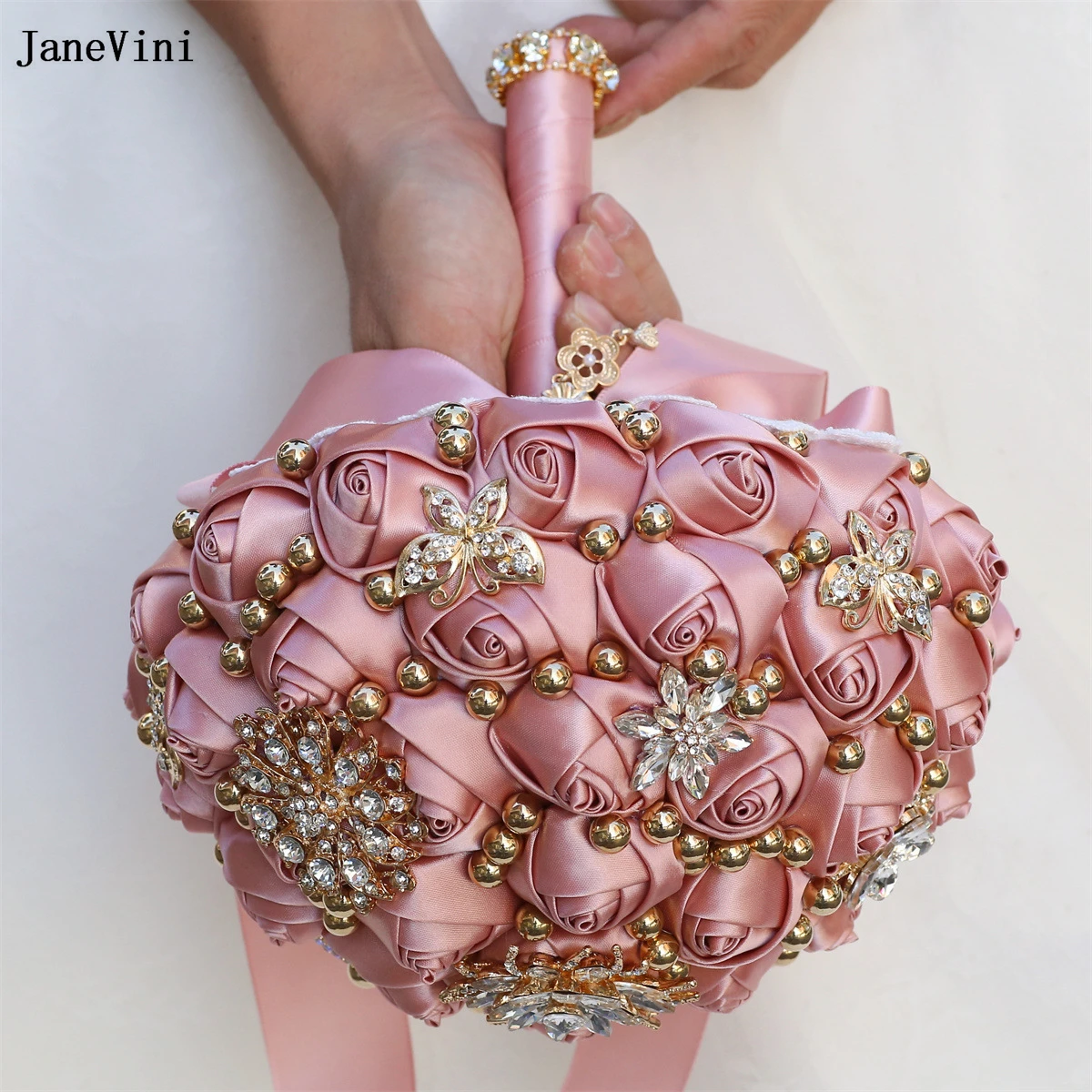 JaneVini 2024 Luxury Dusty Pink Flowers Bridal Bouquets with Gold Crystal Artificial Satin Roses Jewelry Wedding Brooch Bouquet