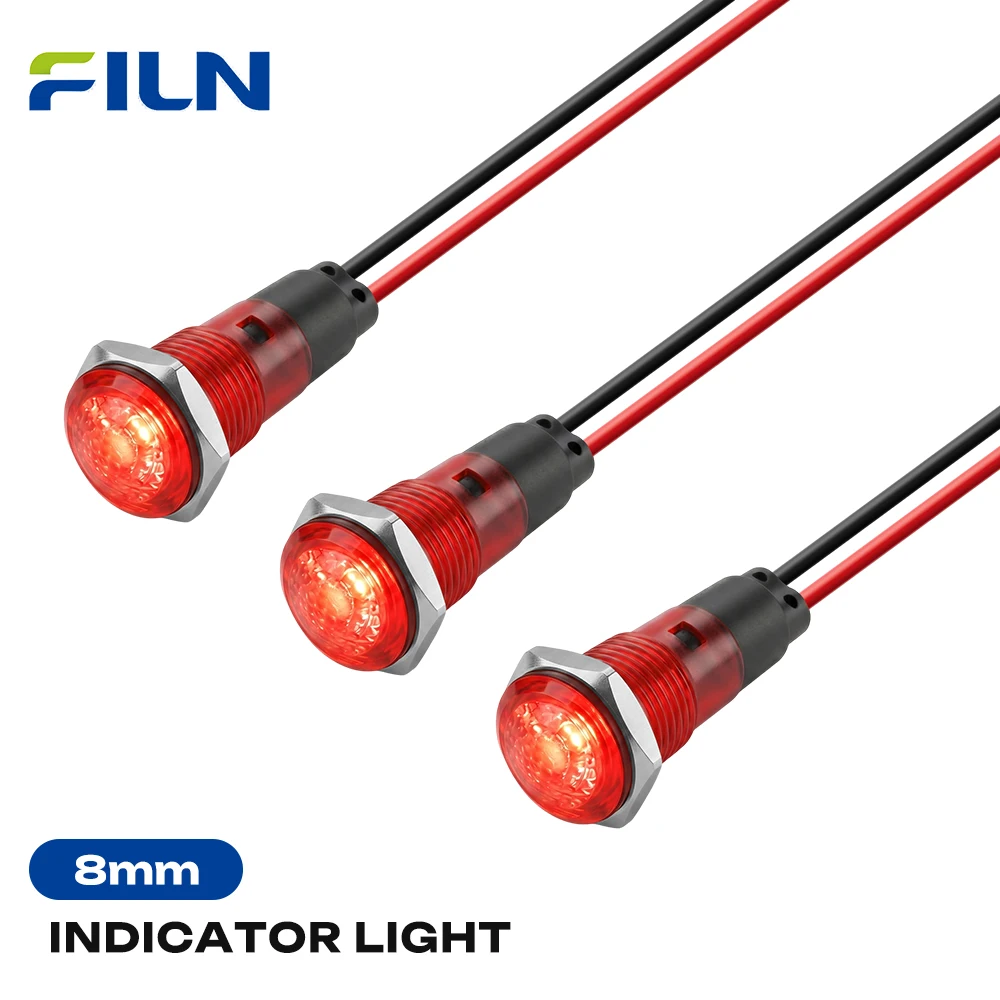 FILN 3PCS 8mm IP67 Waterproof Signal Lights 12V-24V/110V-220V LED Indicator Lamps for Car Marine Factory Equipment Status Panel