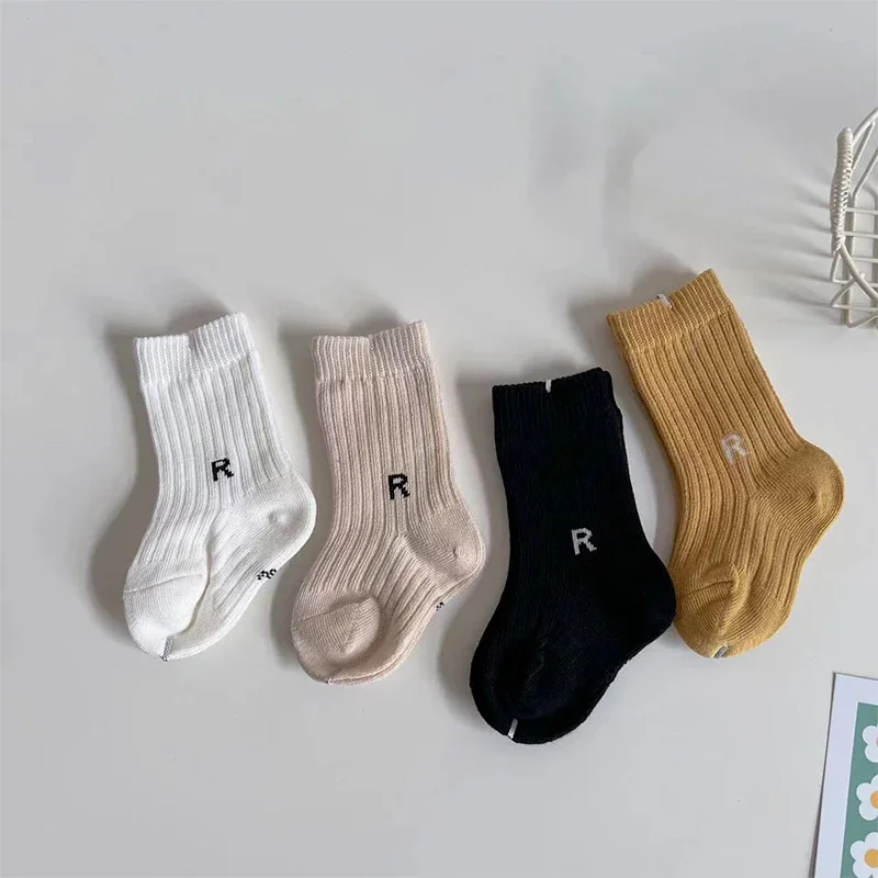 Korean Fashion Letter Socks Baby Boys Girls Breathable Soft Socks Infant Toddler Children Kids Casual Sport Socks 0-6years Old