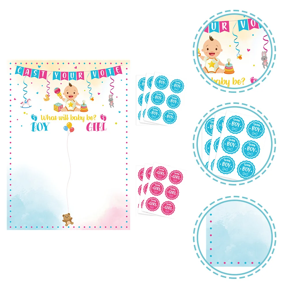

1Set Gender Reveal Poster Baby Shower Voting Stickers Cartoon Design Party Games Fun Aunt and Uncle Pregnancy Announcement