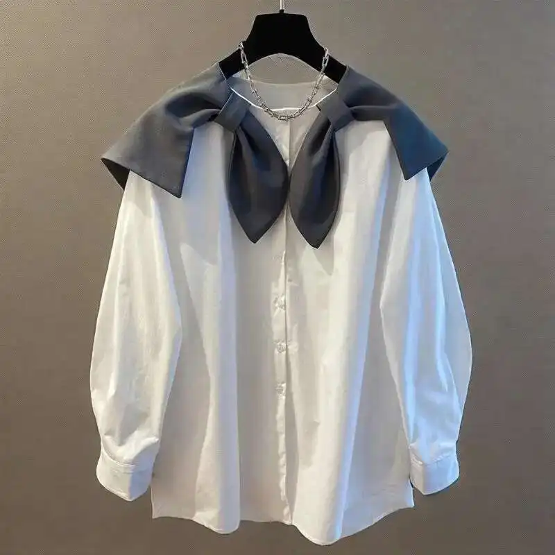 

Bow Sailor Collar Design Contrasting Color Patchwork Long Sleeve Shirt Women Loose Casual White Blouses Summer