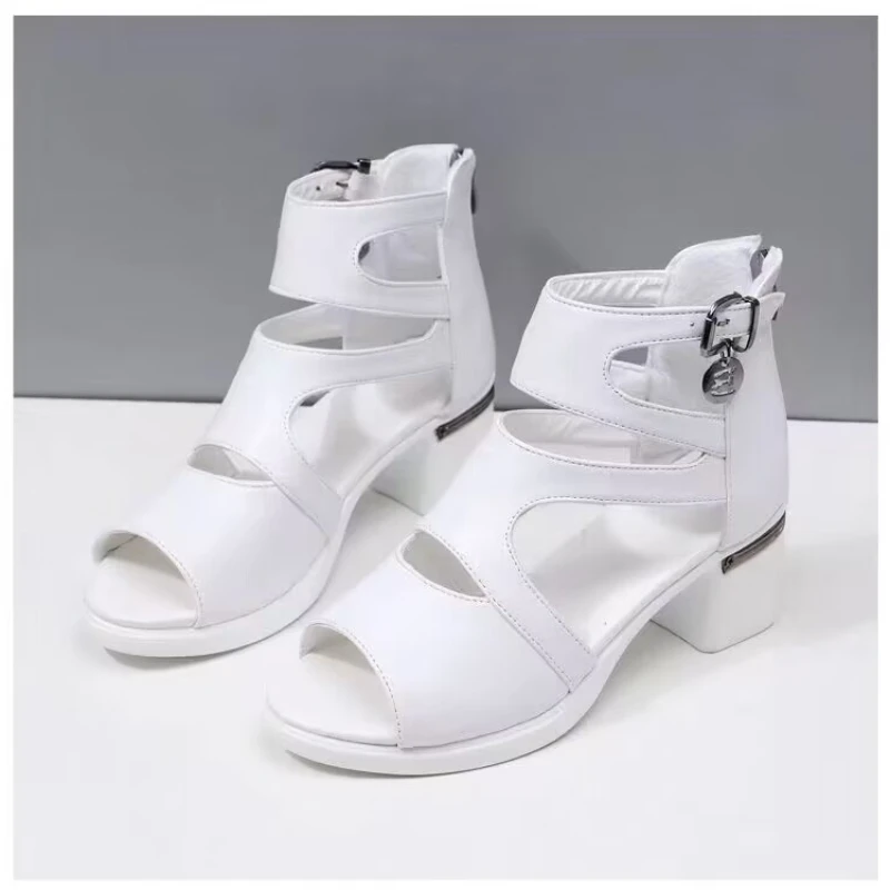 High Tops Open Toe Women\'s Sandals 2024 Summer New Mom\'s Shoes Lady Thick Sole Casual Fashion Square Heel Fish Mouth Pumps White