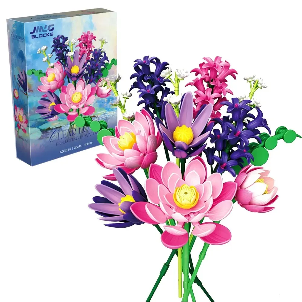 

456PCS Lotus Hyacinth Flower Building Blocks Set Water Lily Bouquet Model DIY Botanical Bricks Ornament Toy Girl Gift