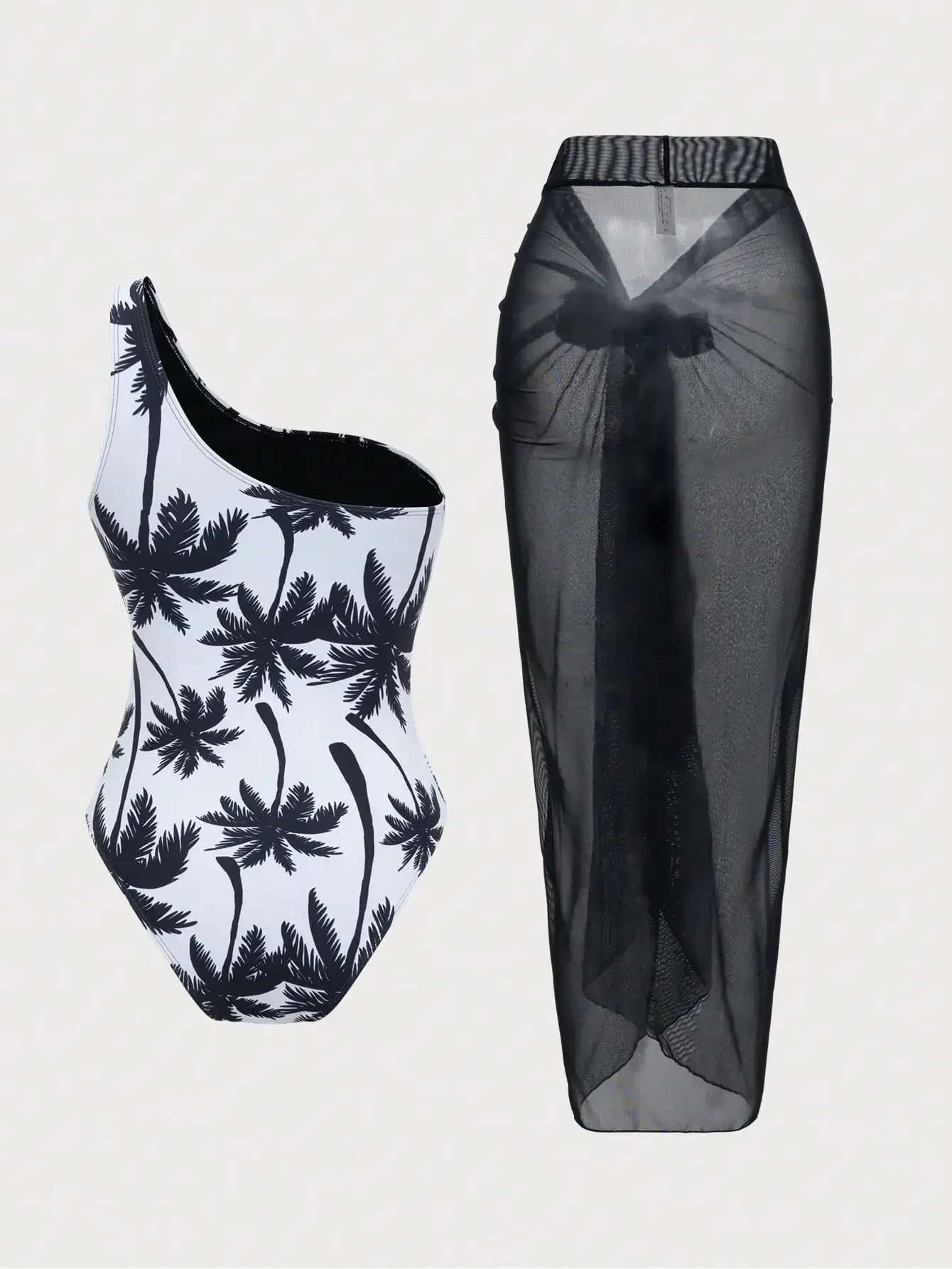 

One-Piece Swimsuit With Palm Tree Print And Black Mesh Beach Skirt Set