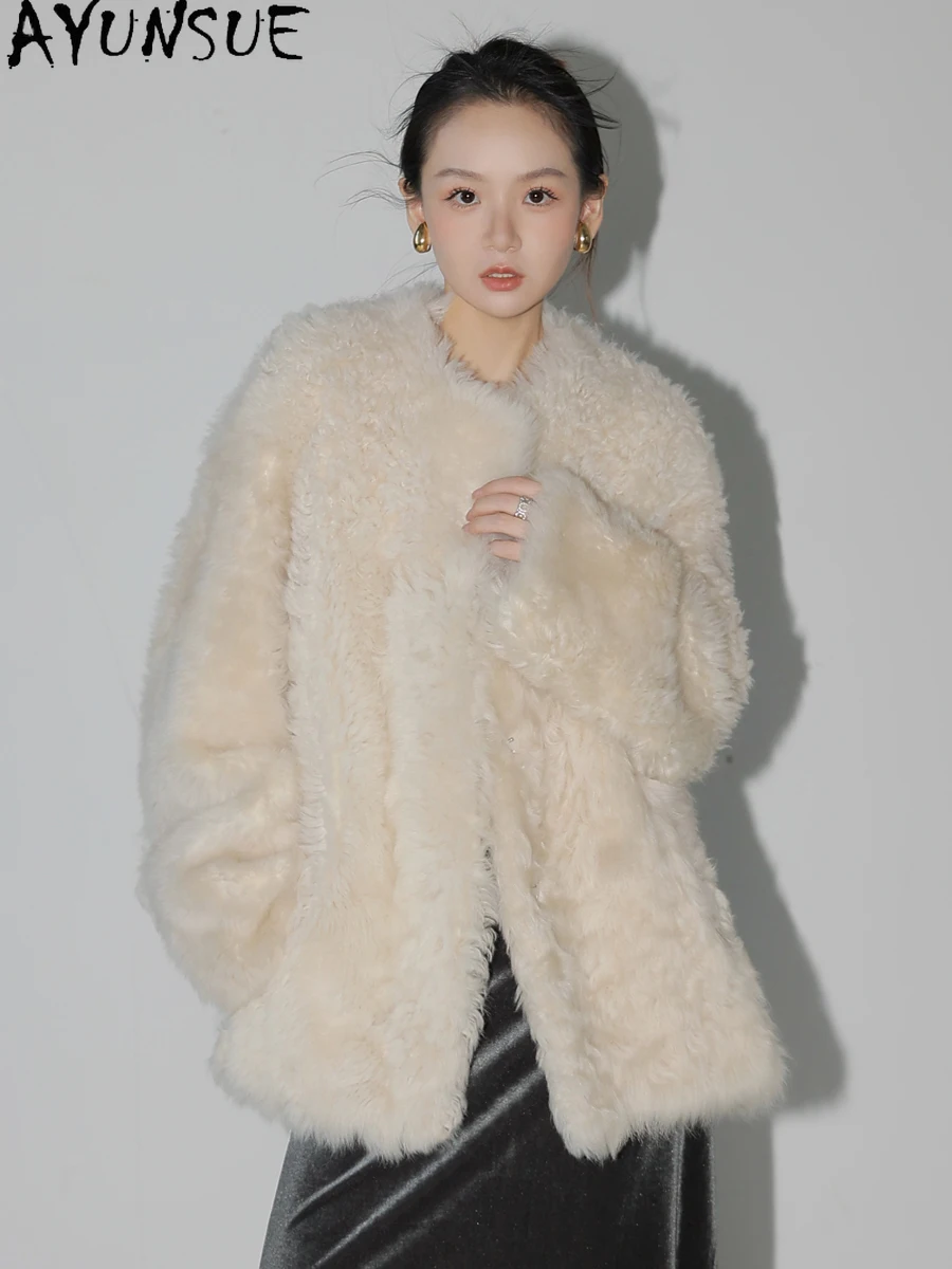 معطف فرو من جلد الغنم الطبيعي من AYUNSUE للنساء متوسط الطول سترة من الجلد الحقيقي جواكت شتوية 2025 ملابس فاخرة للسيدات شুবা Жenskয়া