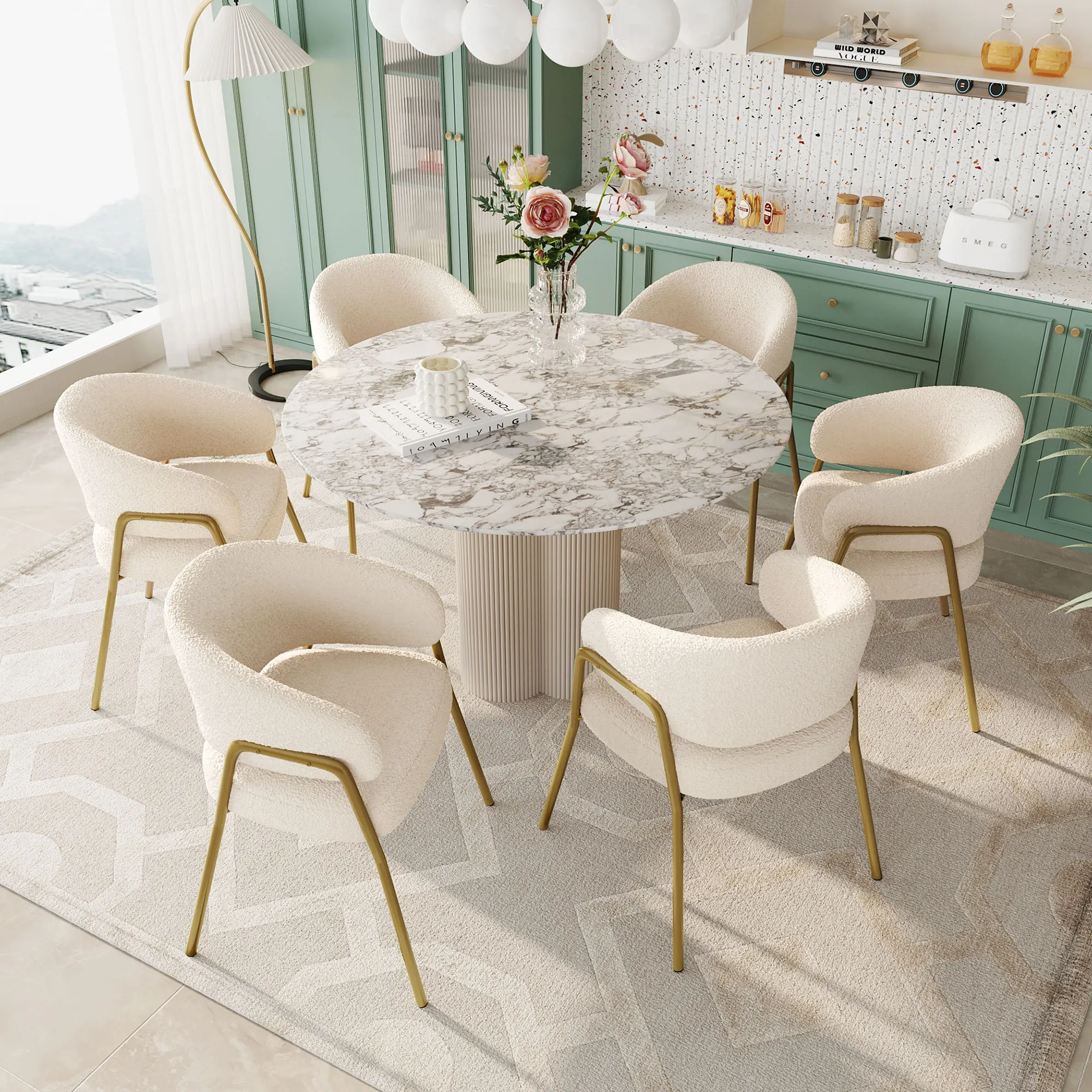 VSOGA White Dining Chair Modern Lamb Velvet Spray Gold Dining Chair in Gold Finish (6 St) Dining Chair with Golden Legs