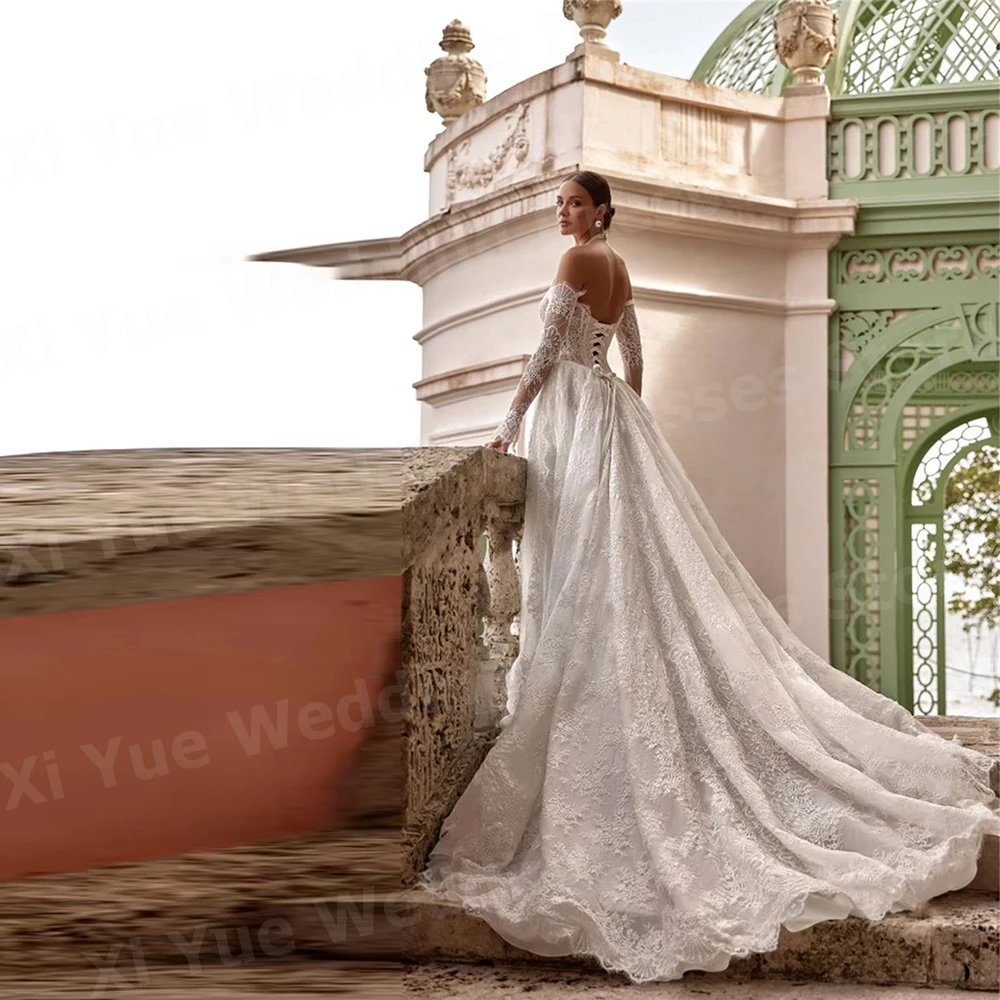 Requintado uma linha feminina fora do ombro rendas vestidos de casamento novia manga longa vestidos de noiva personalizado robe de mariée