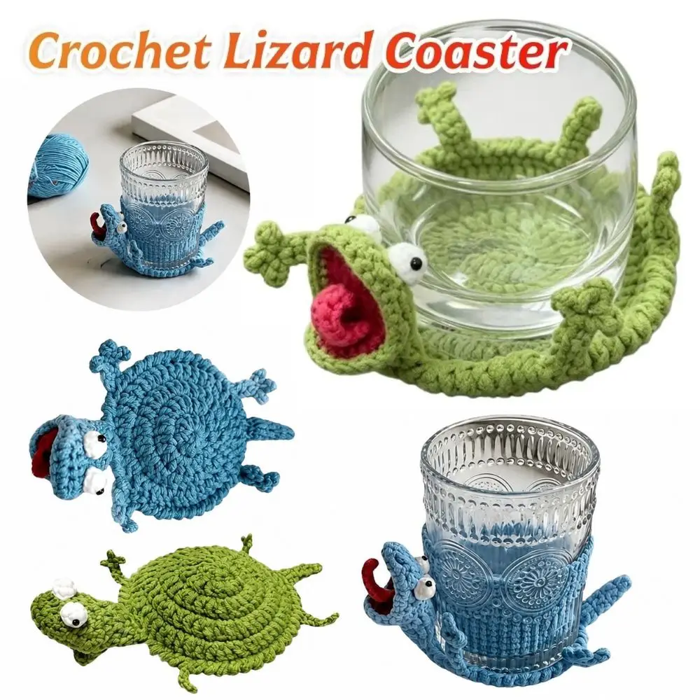 Gift Pressable Crochet Lizard Coasters Cartoon Creative Knitted Animal Coaster Non-Slip Stress Relief Water Cup Mat Home Decor