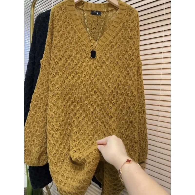 

Autumn and Winter Solid Color V-neck Knitted Mid-length Loose Casual Bottoming Sweater Top for Women