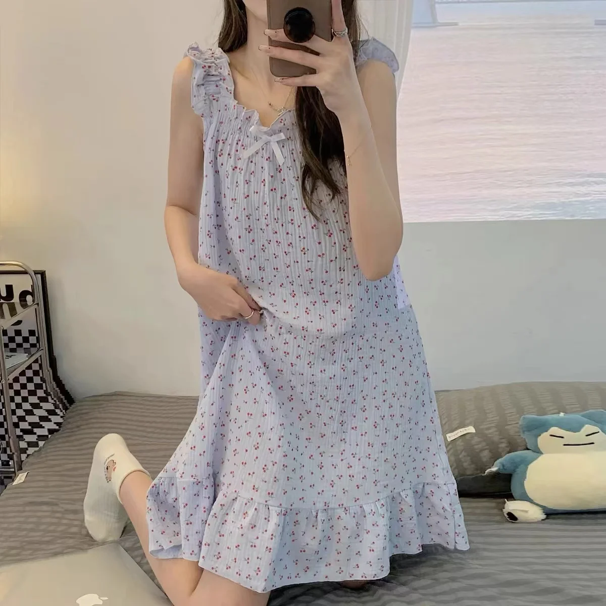Sweet Kawaii Nightgowns Women Sleeveless Printed Loose Above Knee Korean Style Summer Students Cute Night Homewear Leisure BF image 3