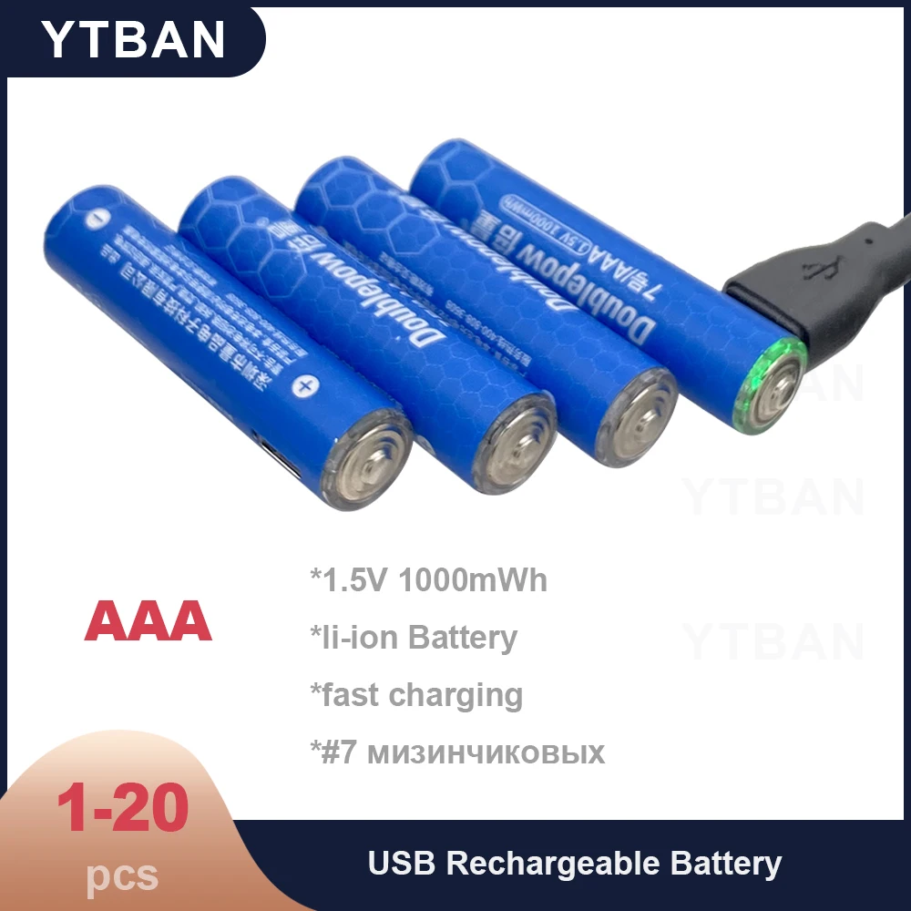 Batería recargable USB para Control remoto, pila de iones de litio de 1000MWh, 1-20 piezas, 1,5 V, AAA, ratón inalámbrico y Cable de alta capacidad