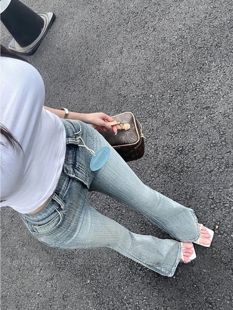 

Washed Blue Faded Denim High Waist Flared Pants Women's Elastic Casual Jeans Retro Style Spring Autumn Winter Seasonal Wear