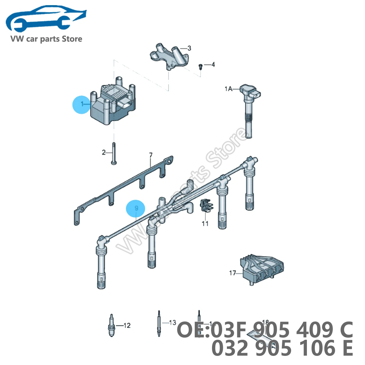 03F905409C 032905106E Ignition Coil Ignition Cable Kit For Audi A1 A3 VW BEETLE CADDY POLO 1.2T 03F 905 409 C 032 905 106 E