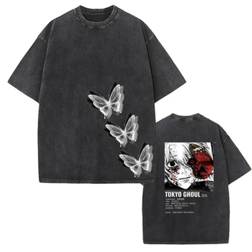 Tokyo Ghost Anime Graphic T-shirt Men Women Clothing Ken Kaneki Vintage Washed Oversized T Shirt Pure Cotton Short Sleeve Tees
