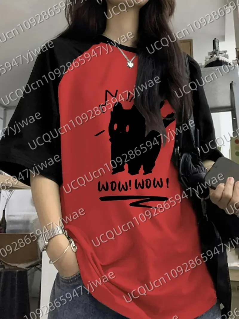 Y2K Women'S Casual T-Shirt with Cute Cat & "WOW!" Graphic Crew Neck Short Sleeve  All-Season Men's Sport T-shirt
