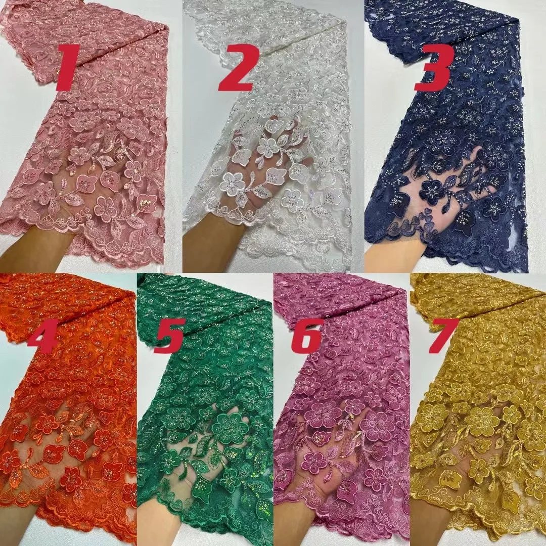 New Design High Quality 2024 African Nigerian Cotton Diy Lace Fabric With Stones Embroidery Party Dress For Sewing Women 5 Yards