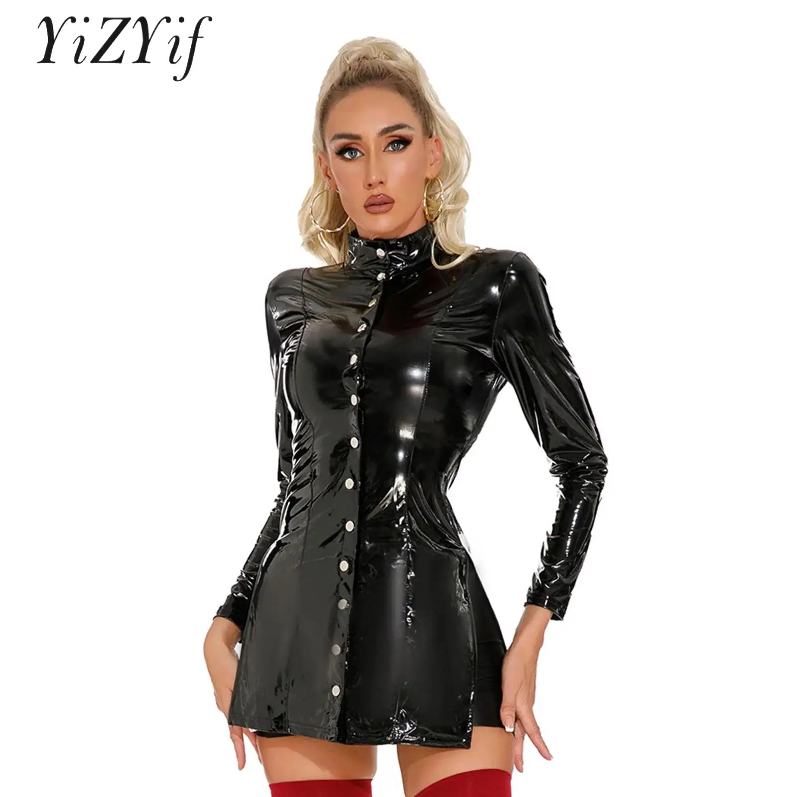 Women Bodycon Dress Music Festival Rave Party Pole Dance Show Costume Latex Jacket Mini Dress Biker&Moto Style Latex Club Wear