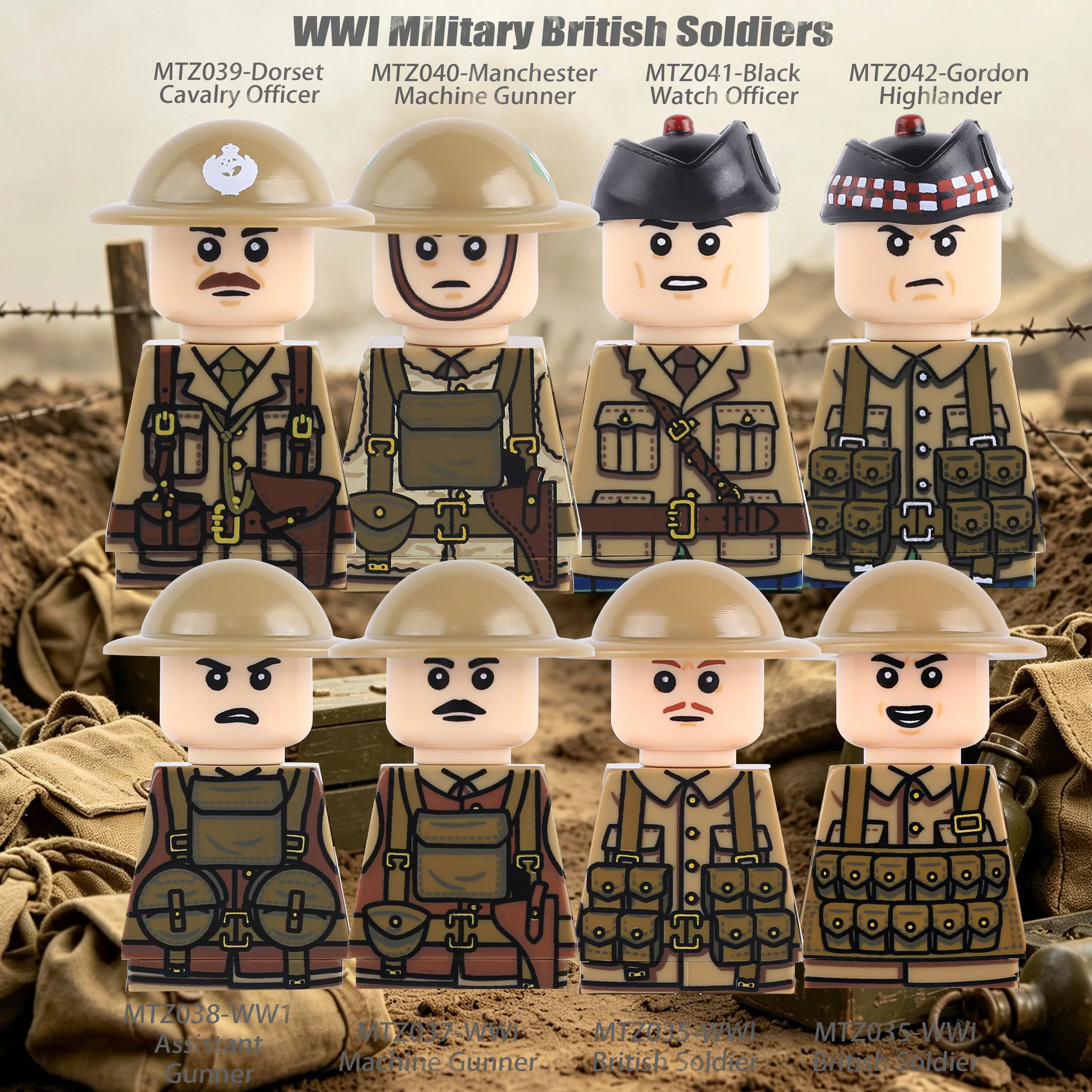 MOC WW1 British Soldier Cavalry Officer Figures Building Blocks Gordon Highla Army Infantry Helmets Cap Weapons Gun Bricks Toys