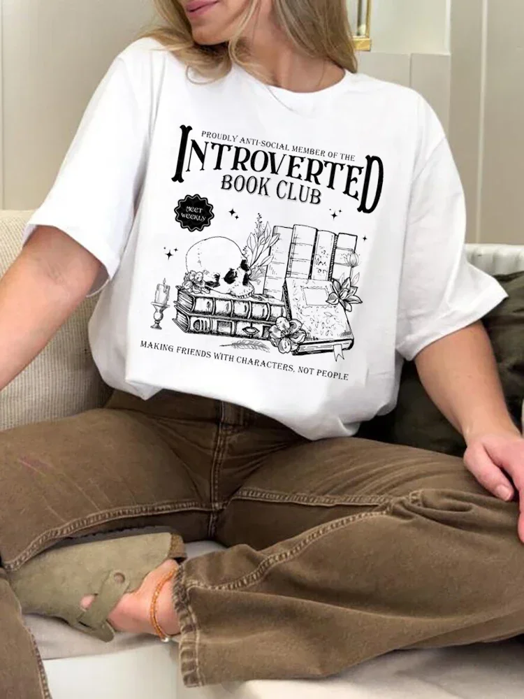 Introverted Book Club Retro Print Summer T-Shirt New Top Print Fun Versatile Short Sleeve O-Neck Basic Casual Print T-Shirt.
