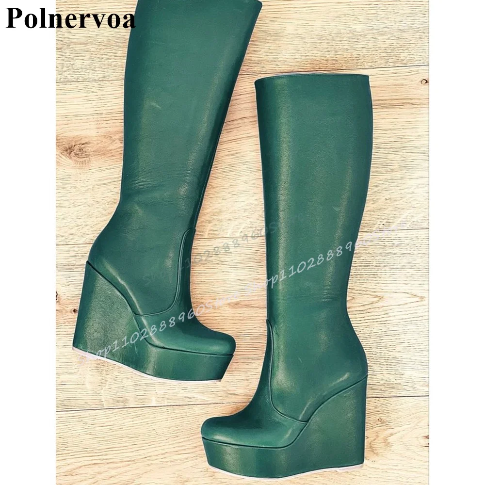 Slanke Kniehoge Grijze Lederen Platform Laarzen Wiggen Hoge Hak Casual Damesschoenen Zijrits Ronde Neus 2025, Zapatos Para Mujere