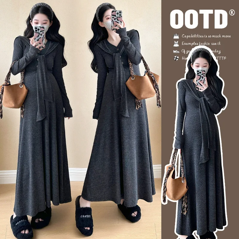 

Korean Style Maternity Dress Autumn Premium V Neck Knit Maxi Dress with Matching Shawl Fashionable Outfit for Pregnant Women