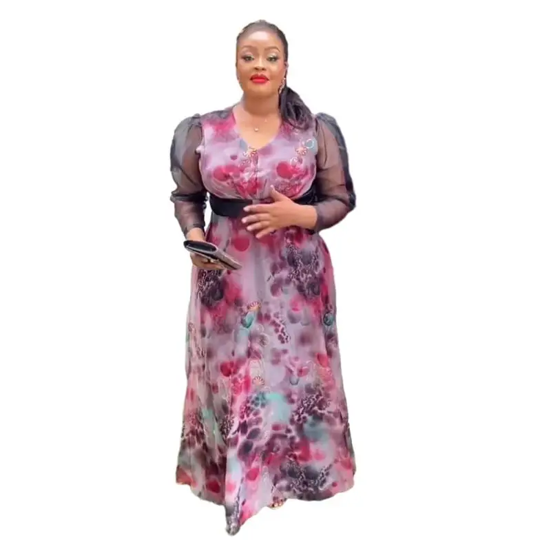 

Elegant African Wedding Party Dresses For Women Autumn V-neck Long Sleeve Print Dress Christmas Dress Dashiki African Clothing