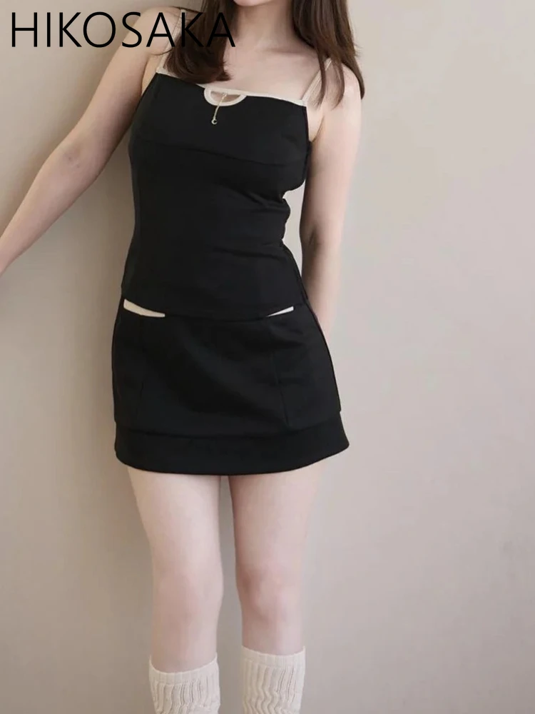 

Japanese New Sexy Slim Fit Camisole Tank Top Contrast Color Pockets A-line Short Skirts Sets Summer Casual Fashion Women Suit