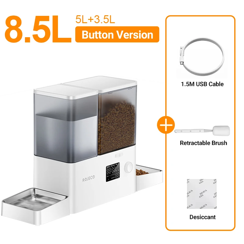 ROJECO Automatische Pet Feeder Fontein 8.5L Knop Versie Hondenvoer Dispenser Water Refill 2 in 1 Drinken Voeden Levert