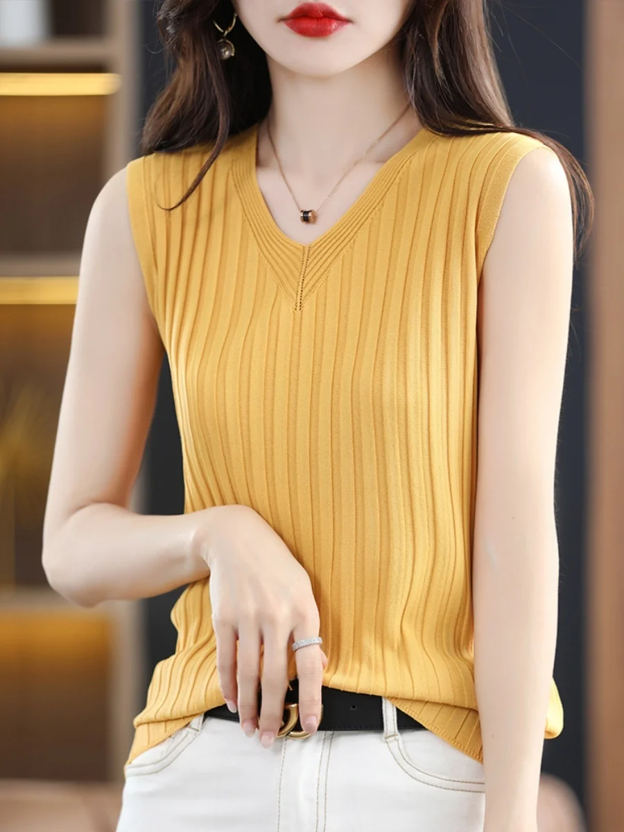 Ceco de punto de seda helada para mujer, sexy, ajustado, sin mangas, con aberturas, cseta interior que combina con traj...