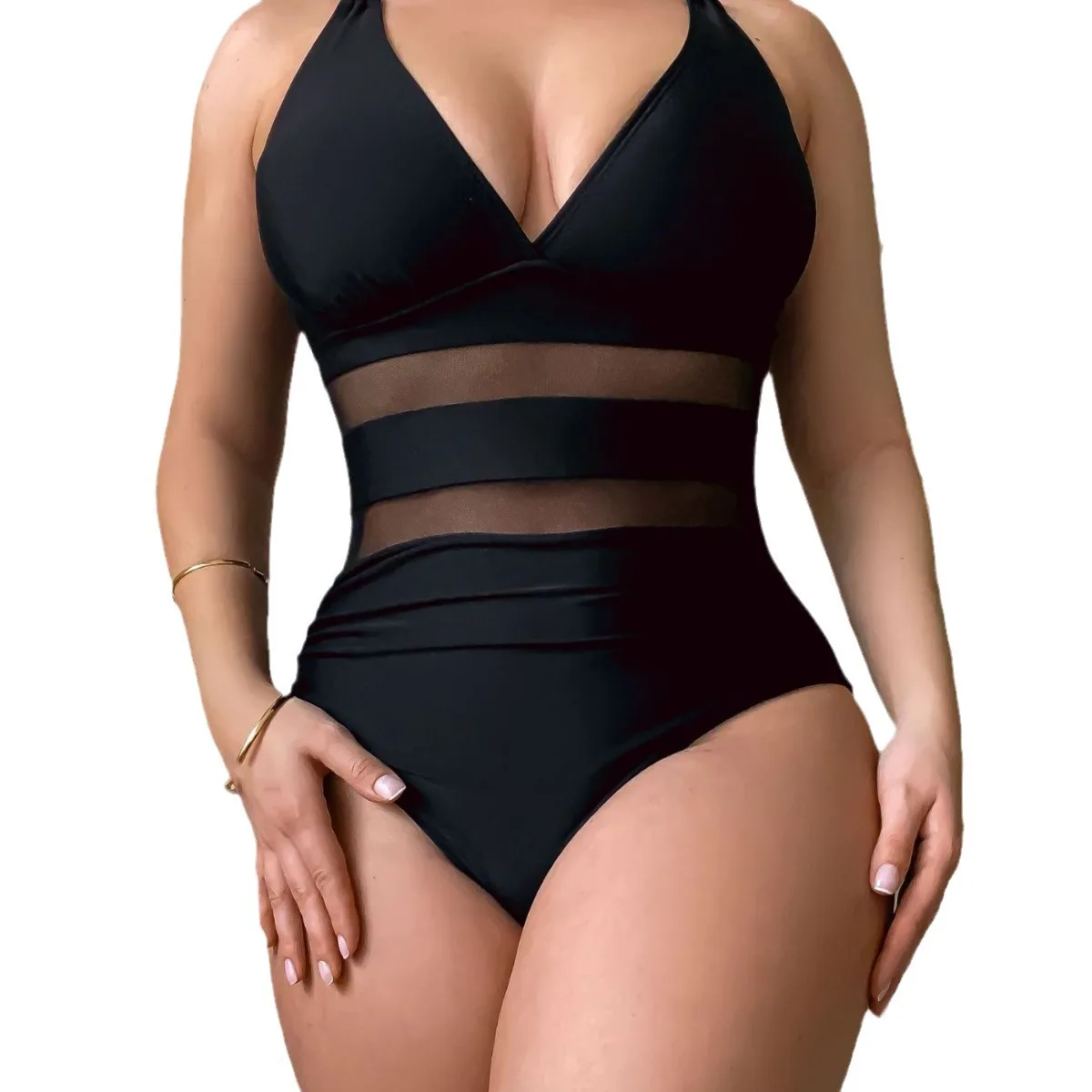 2024 Europe and The United States Foreign Trade New Sexy Mesh Patchwork One-piece Swimsuit