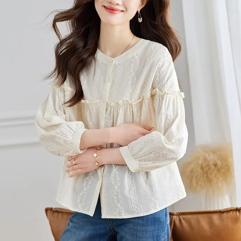 

Designed Round Neck Apricot Shirt with Earrings for Women 2025 New Autumn Loose Long-sleeved Shirt Top