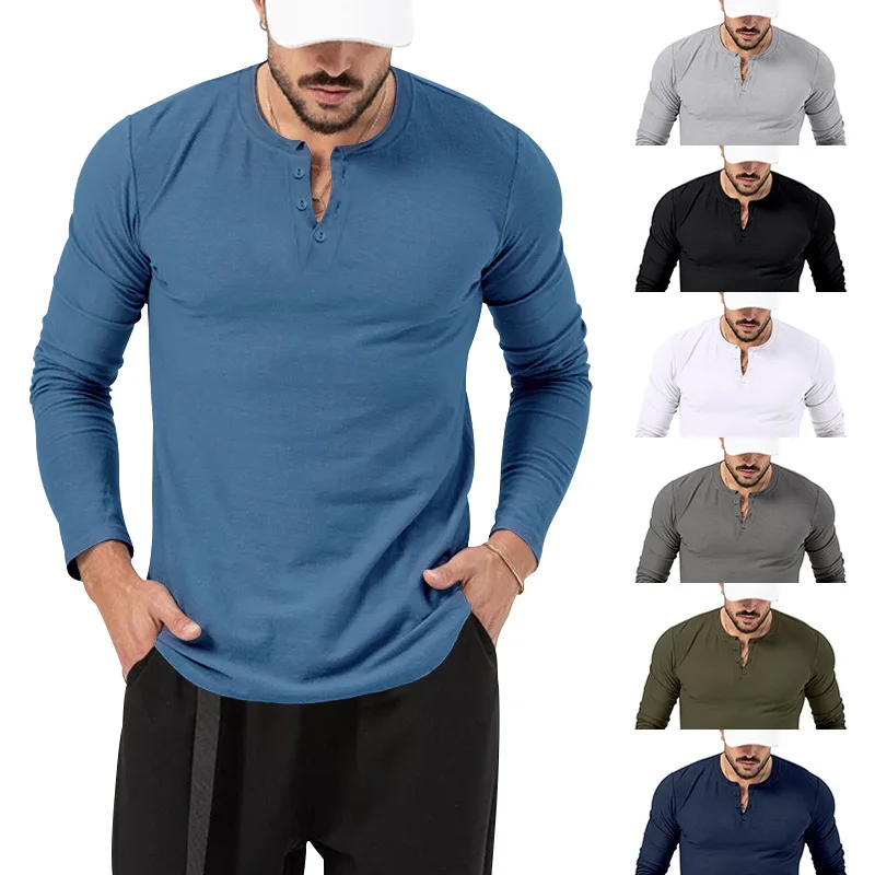 

Men's Cotton T-Shirt Long Sleeve Male Front Placket Shirt Fashion Henry-neck Tees Casual Vintage Basic Tops