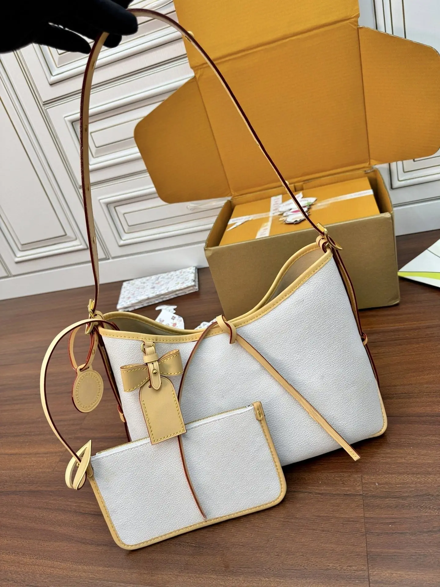 Elegant Women Two-in-one Canvas Crossbody Tote Bag Contrast PU Leather Binding Open Top Large Capacity Handbag With Matching Small Bag