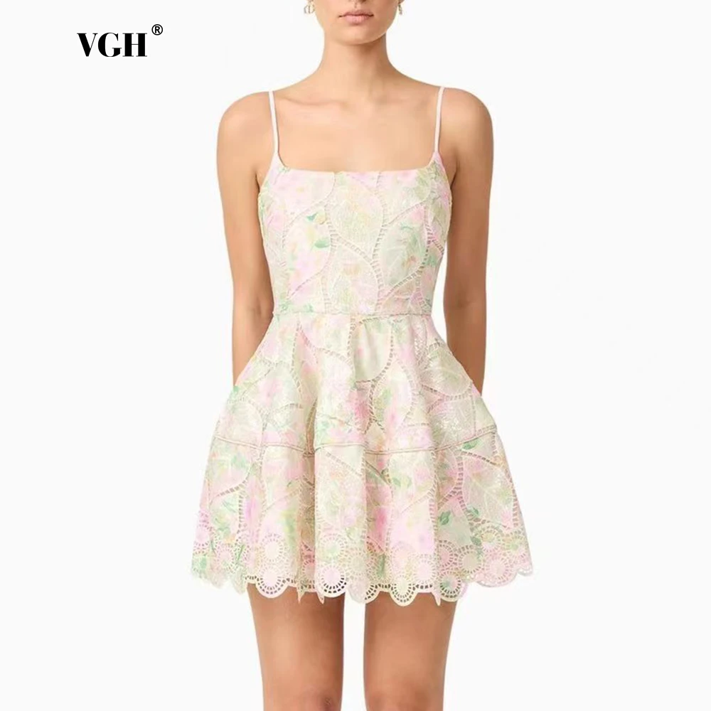 

VGH Spliced Hollow Out Folds Mini Dress for Women Square Collar Sleeveless High Waist Patchwork Zipper Hit Color Dresses Female