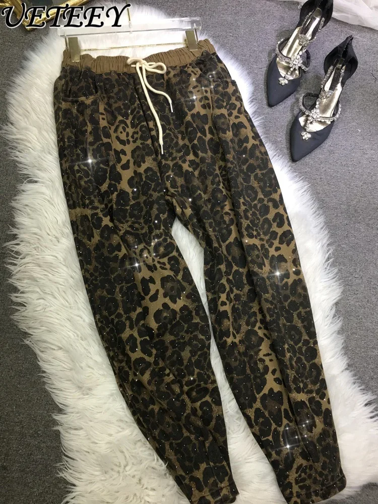 Heavy Industry Hot Diamond Luxury Fashion Leopard Harlan Pants Women Elastic Waist Tied Feet Casual Pants Autumn Winter Trousers