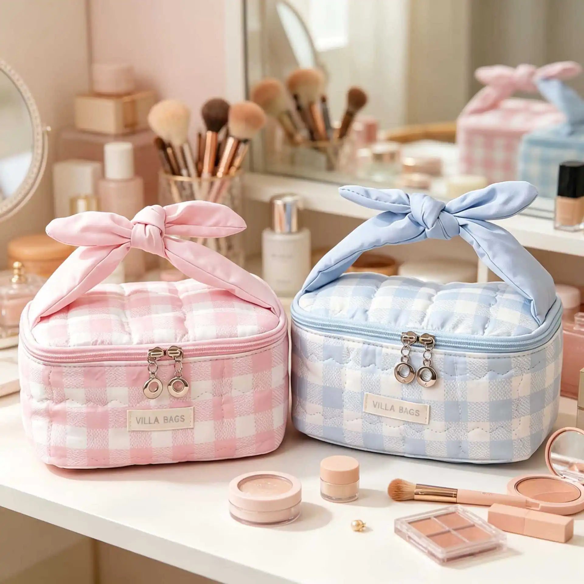 New Bowknot Checkered Makeup Bag Large-capacity Portable Travel Toiletry Storage Bag Hand-held Girls Cute Neceser Impermeable