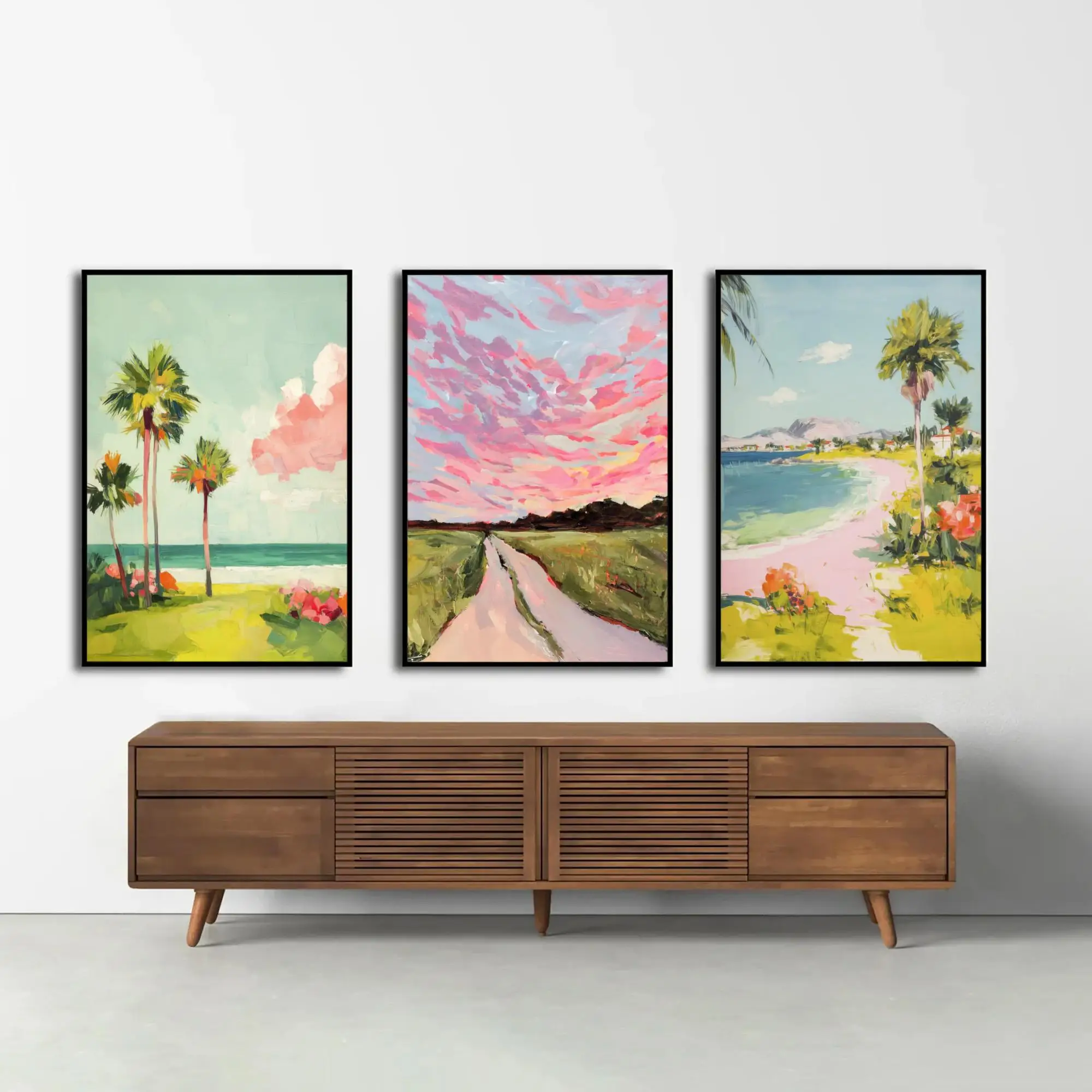 3PCS Frameless,(3PCS Unframe)Coastal Palm Tree Wall Art Set of 3, Pink Sky Beach Prints, Tropical Landscape Decor, Colorful Summ