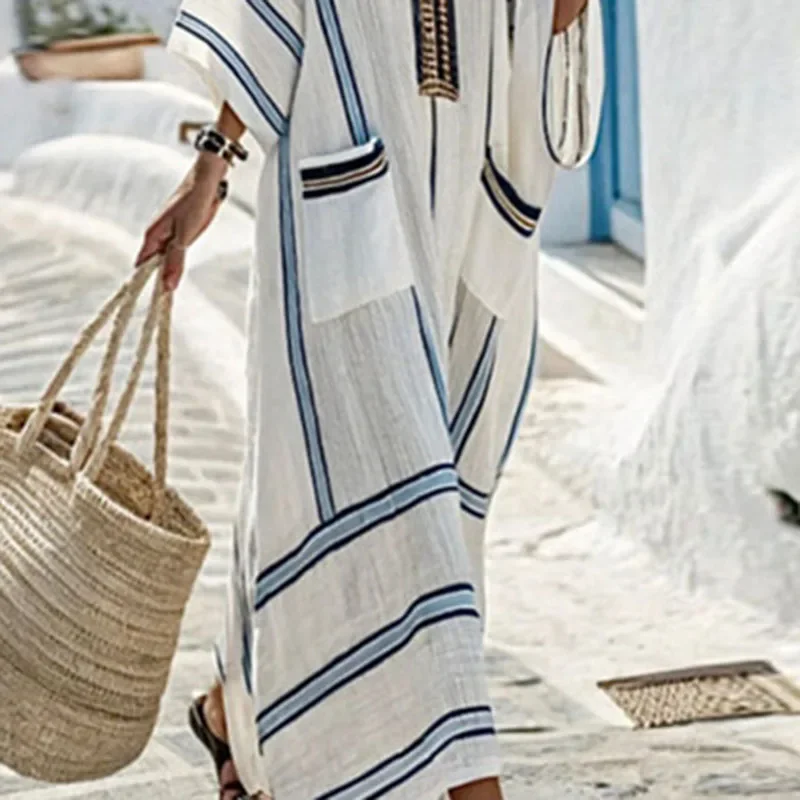 Vestaglie da donna Nuovo abito Boho ampio con scollo a V Abito lungo da donna a maniche corte estivo con stampa a righe etniche primaverili